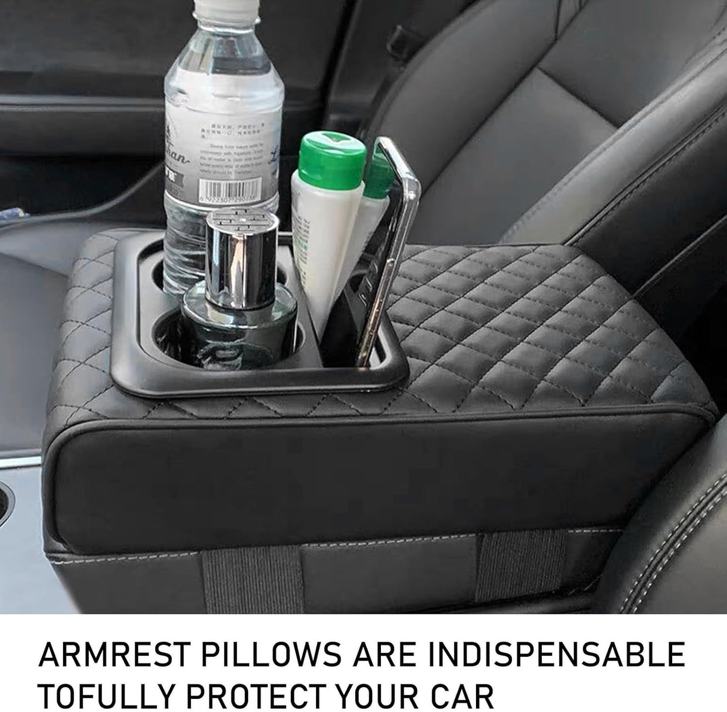 Car Armrest Cushion with Cup Holder & Storage Box | Universal PU Leather Center Console Organizer Cover