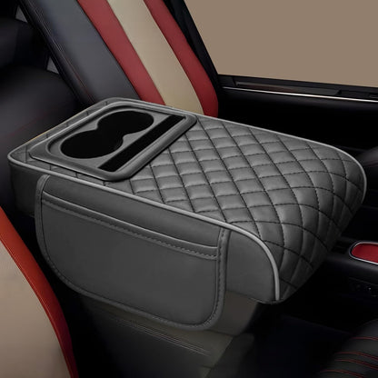 Car Armrest Cushion with Cup Holder & Storage Box | Universal PU Leather Center Console Organizer Cover