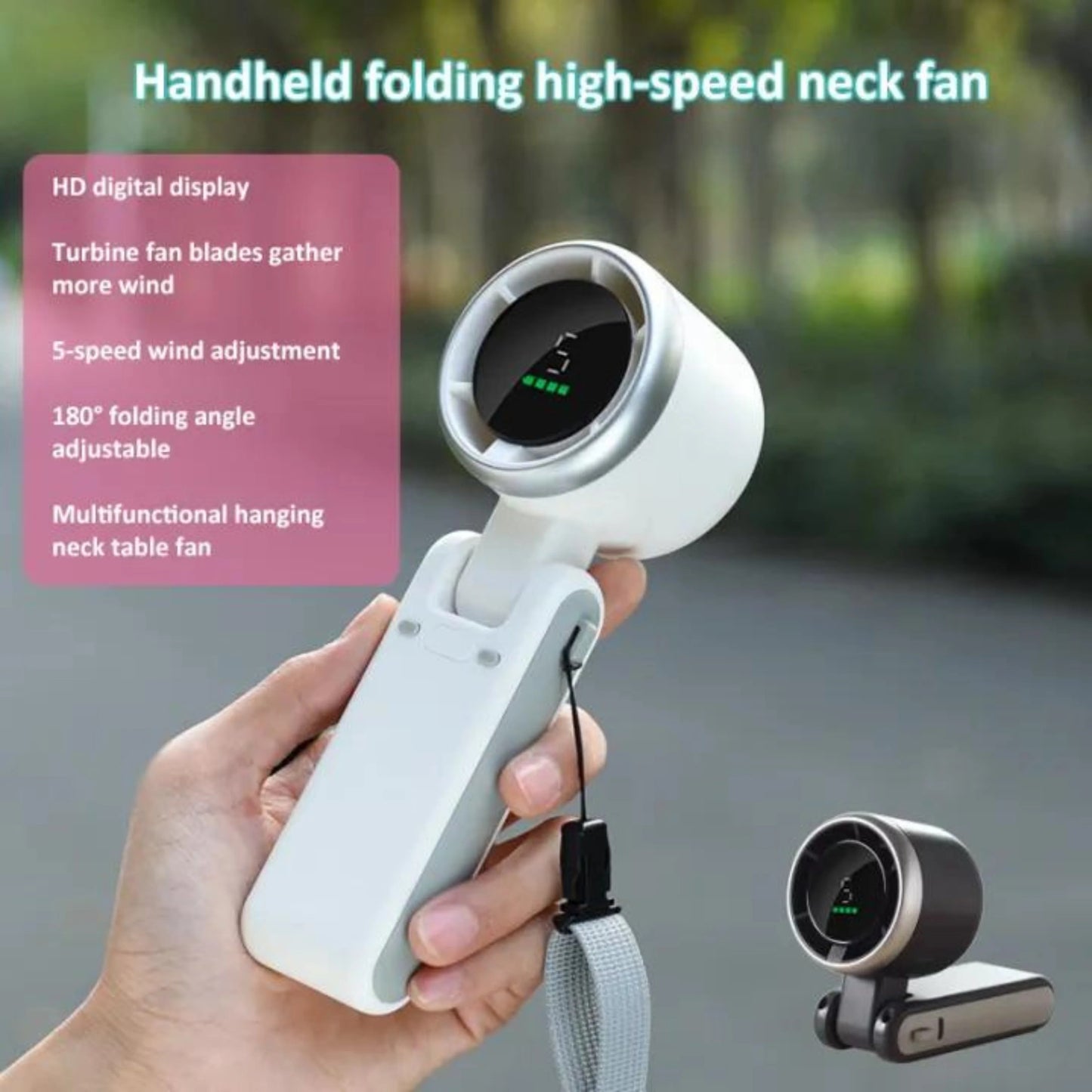 Handheld Folding Turbo Fan – Portable Rechargeable Cooling Fan with 5 Speed Adjustment