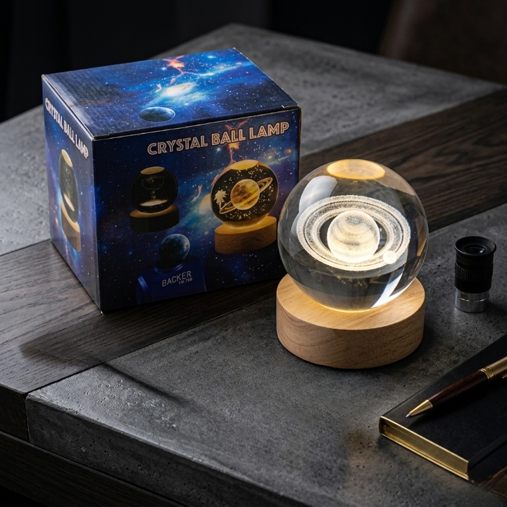 3D Crystal Ball Galaxy Lamp – LED Night Light with Wooden Base | Elegant Home & Bedroom Décor