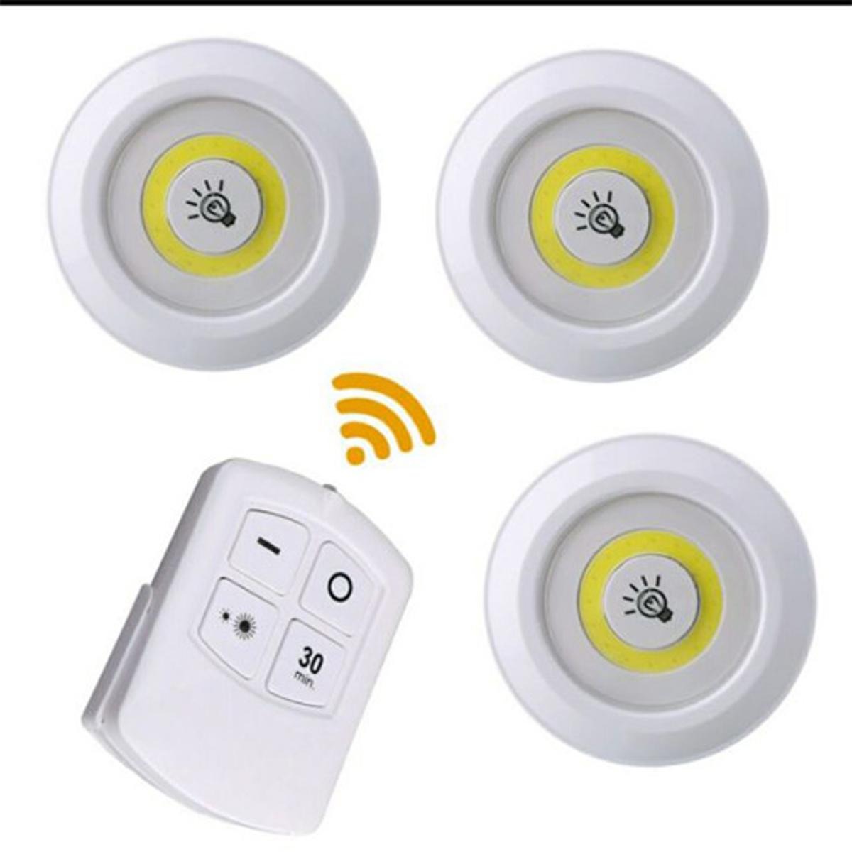 Pack of 3 LED Remote Control Tap Lights – Self-Adhesive, Battery Operated for Cabinets, Wardrobes & Kitchen