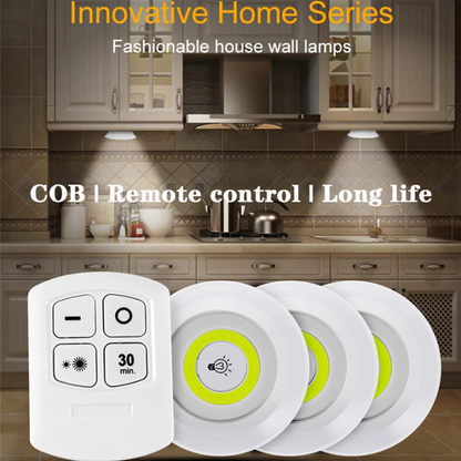 Pack of 3 LED Remote Control Tap Lights – Self-Adhesive, Battery Operated for Cabinets, Wardrobes & Kitchen
