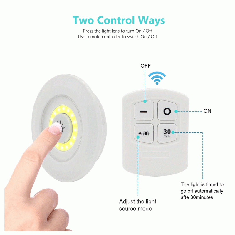 Pack of 3 LED Remote Control Tap Lights – Self-Adhesive, Battery Operated for Cabinets, Wardrobes & Kitchen