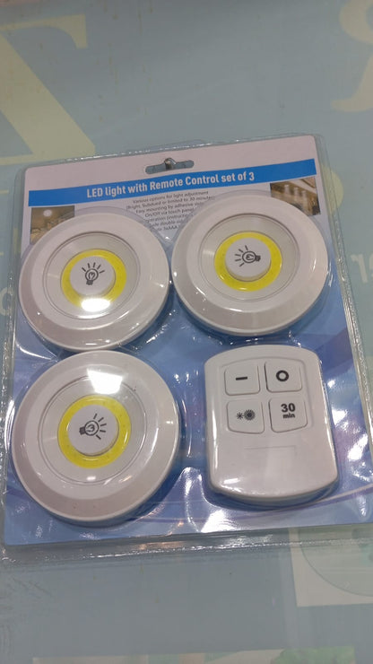 Pack of 3 LED Remote Control Tap Lights – Self-Adhesive, Battery Operated for Cabinets, Wardrobes & Kitchen
