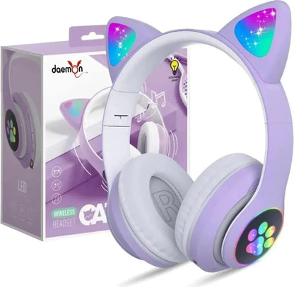 Cat Ear Wireless Bluetooth Headphones with RGB LED Lights & Built-in Mic | Stereo Bass Sound | Bluetooth & AUX Over-Ear Headset