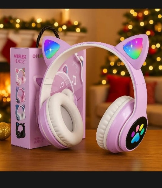 Cat Ear Wireless Bluetooth Headphones with RGB LED Lights & Built-in Mic | Stereo Bass Sound | Bluetooth & AUX Over-Ear Headset
