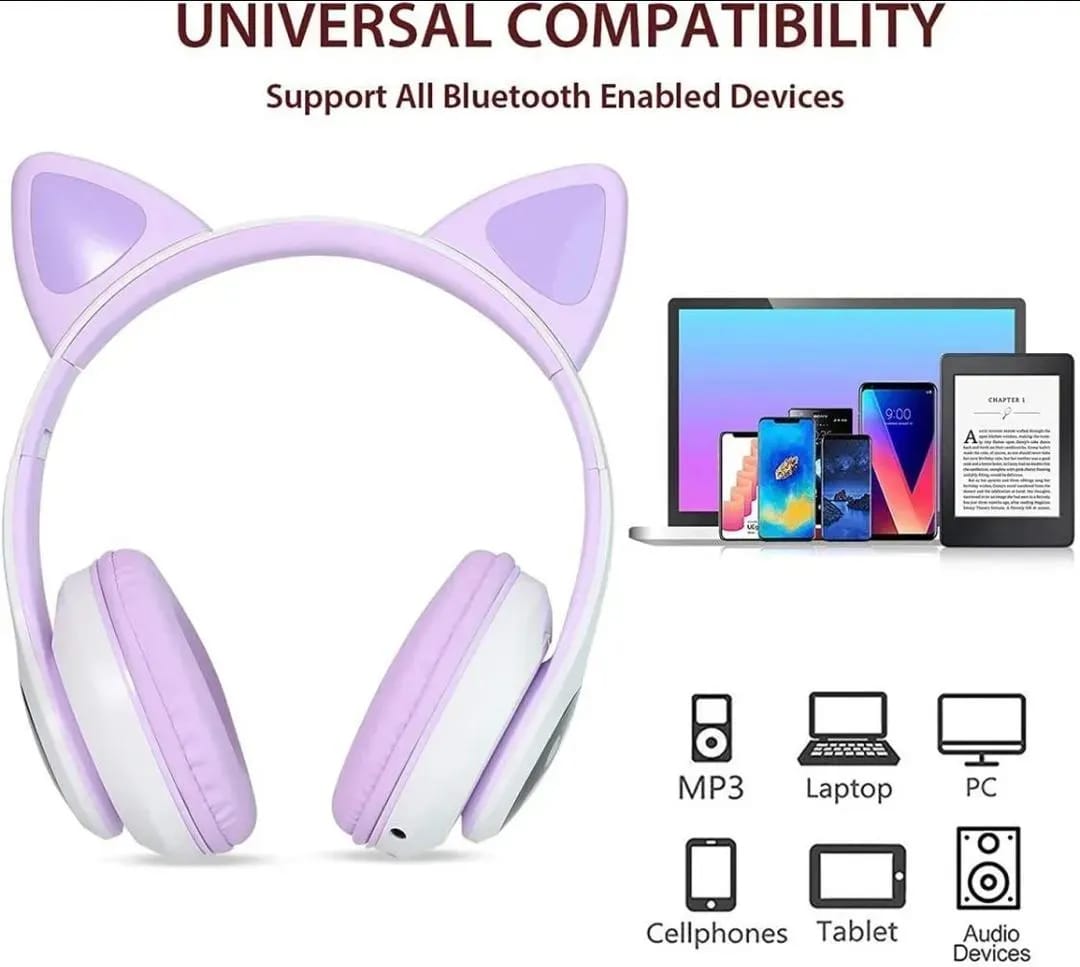 Cat Ear Wireless Bluetooth Headphones with RGB LED Lights & Built-in Mic | Stereo Bass Sound | Bluetooth & AUX Over-Ear Headset