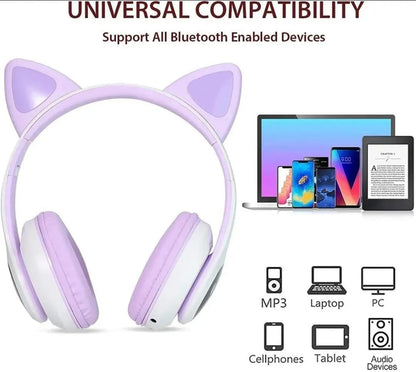 Cat Ear Wireless Bluetooth Headphones with RGB LED Lights & Built-in Mic | Stereo Bass Sound | Bluetooth & AUX Over-Ear Headset