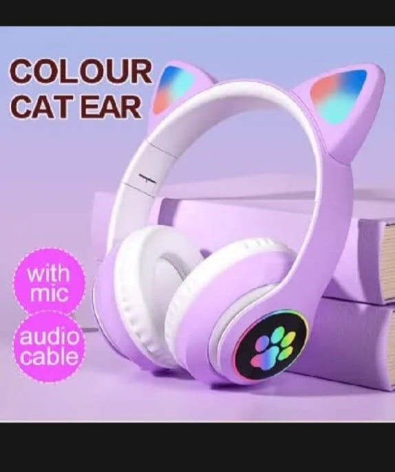 Cat Ear Wireless Bluetooth Headphones with RGB LED Lights & Built-in Mic | Stereo Bass Sound | Bluetooth & AUX Over-Ear Headset
