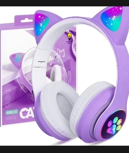 Cat Ear Wireless Bluetooth Headphones with RGB LED Lights & Built-in Mic | Stereo Bass Sound | Bluetooth & AUX Over-Ear Headset