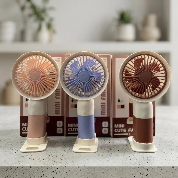 Mini Cute 2-in-1 Handheld Fan | Kid-Safe Tabletop Fan with Phone Holder for Students & Office