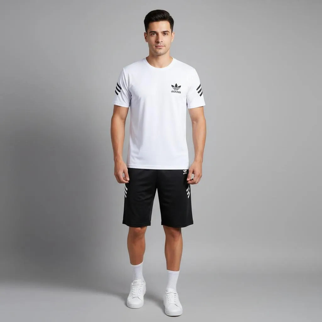 Men's White & Black Printed Nikkar Suit | 2-Piece Summer Sports & Casual Wear