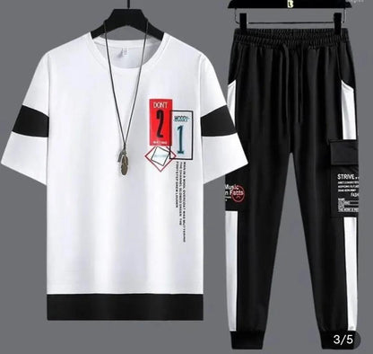 Men's White & Black Graphic Tracksuit Set | Summer Casual Sportswear | Micro Interlock 2-Piece Track Suit for Men