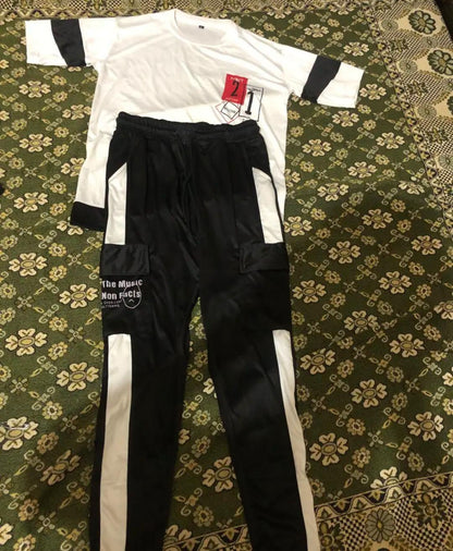 Men's White & Black Graphic Tracksuit Set | Summer Casual Sportswear | Micro Interlock 2-Piece Track Suit for Men