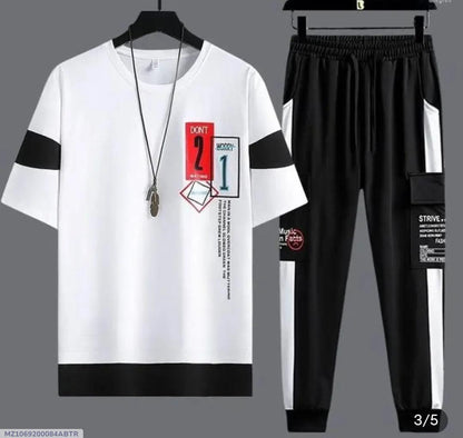 Men's White & Black Graphic Tracksuit Set | Summer Casual Sportswear | Micro Interlock 2-Piece Track Suit for Men