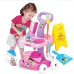 Kids Cleaning Trolley Toy Set with Vacuum, Broom & Mop | Pretend Housekeeping Playset